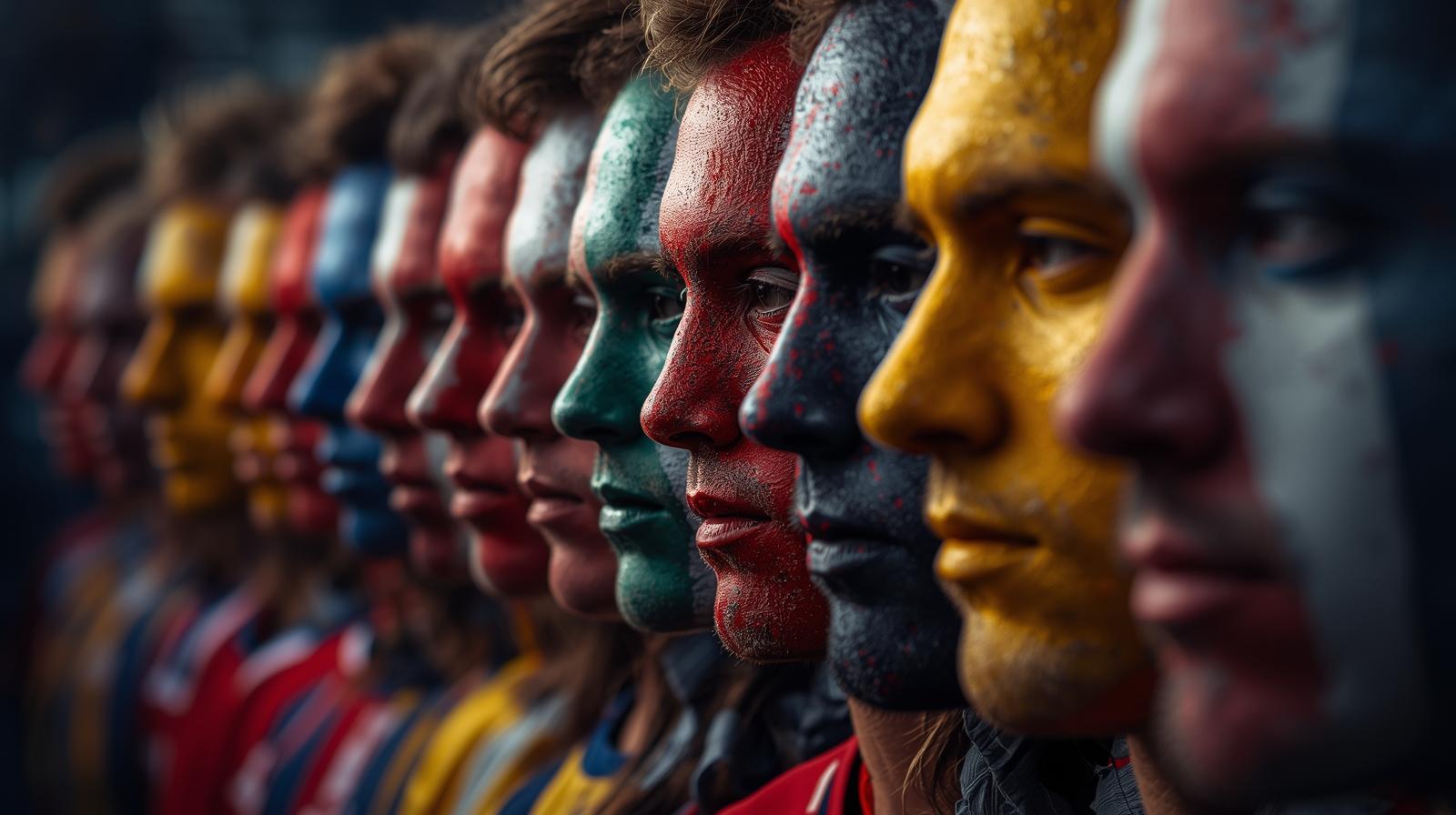 create an image with many faces painted with just the colours that represent all the soccer clubs colours in britain (4)